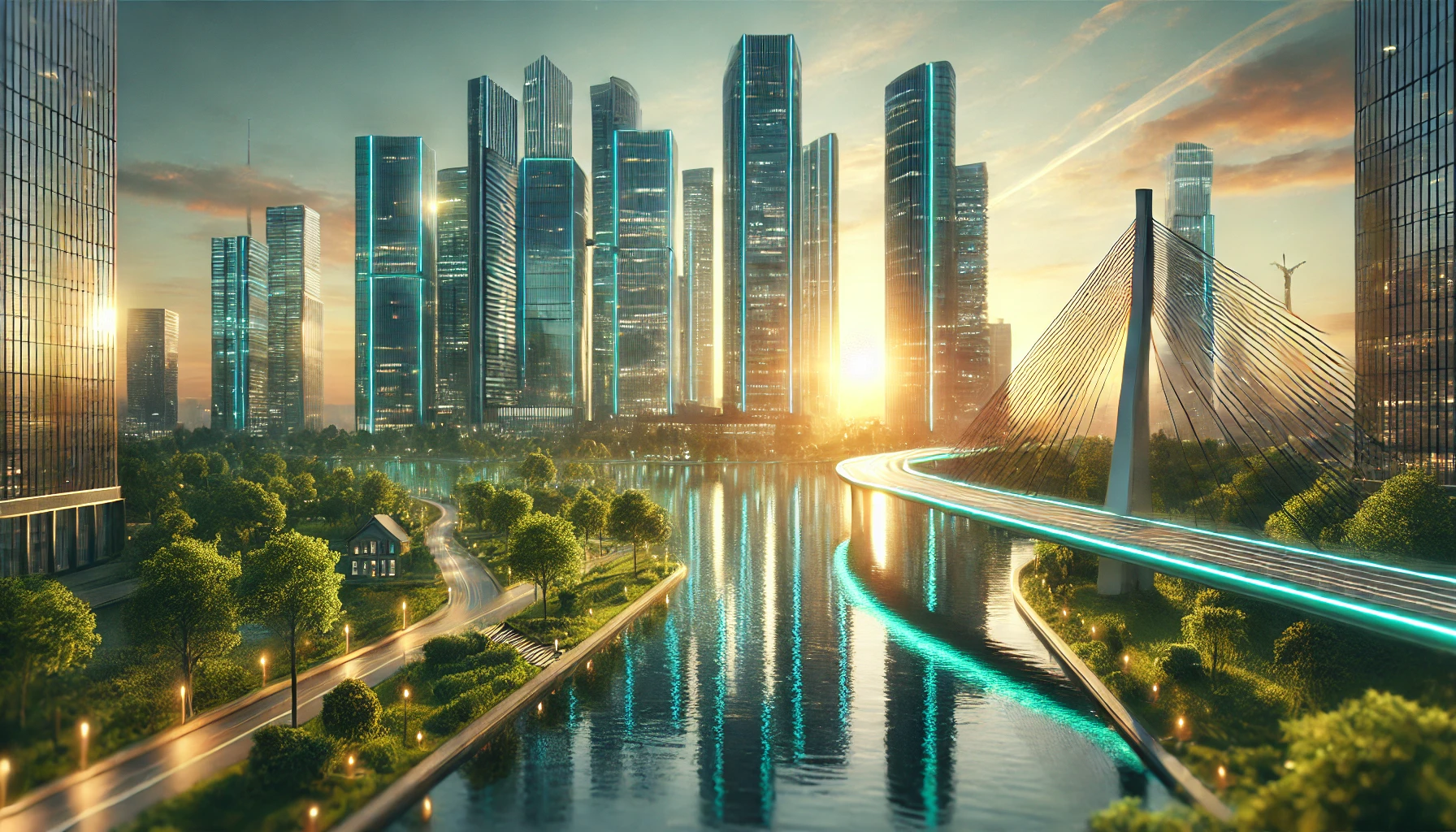 Futuristic corporate skyline at sunrise