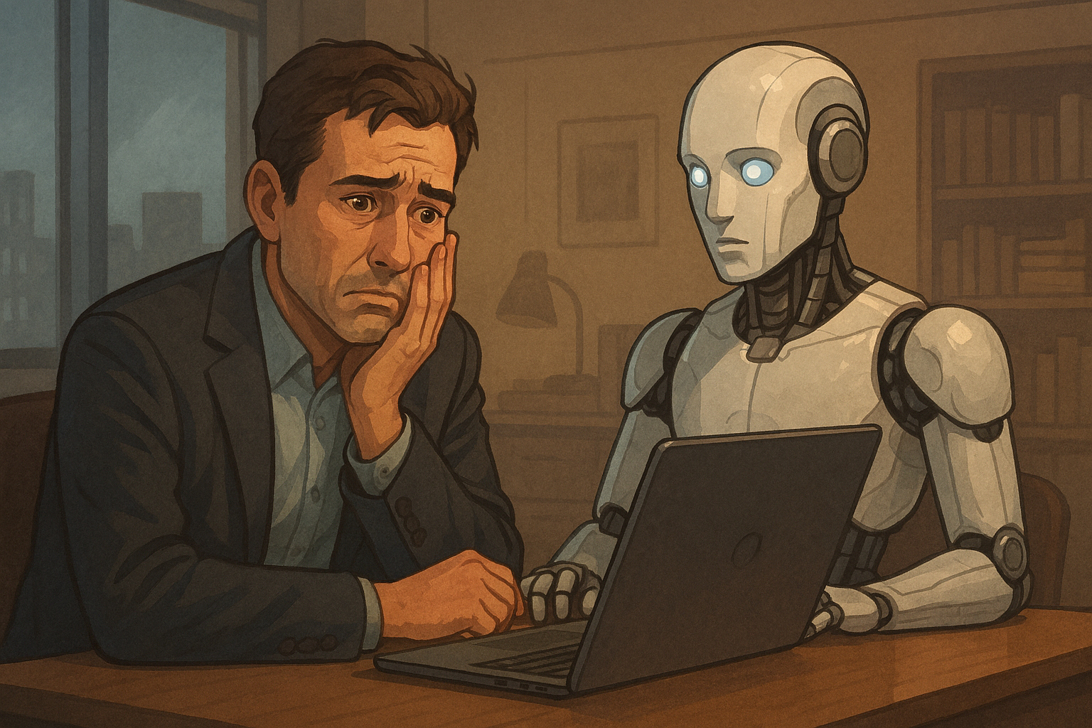 Experienced professional holding a glowing blueprint opposite AI automation in a modern office