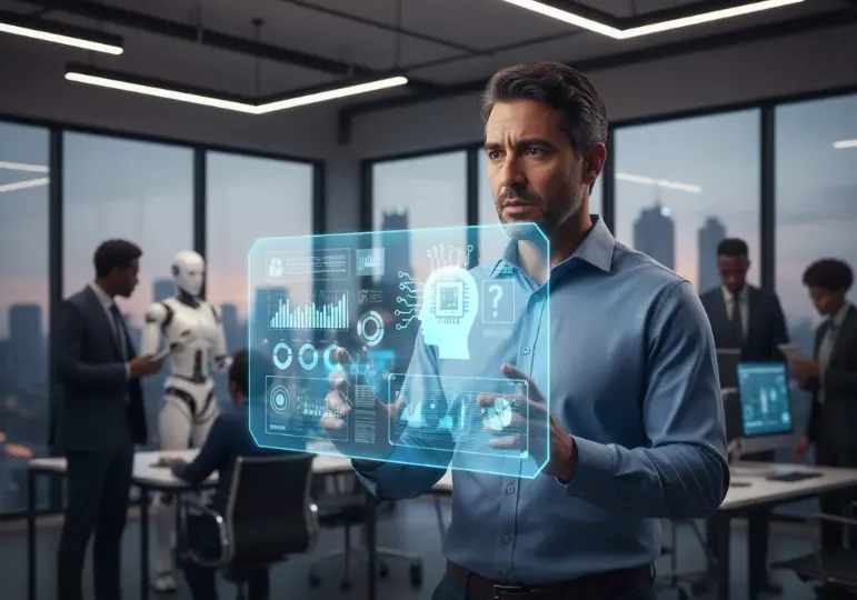 Experienced professional holding a glowing blueprint opposite AI automation in a modern office