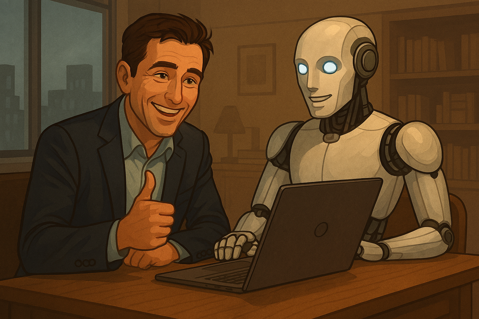 Experienced professional holding a glowing blueprint opposite AI automation in a modern office