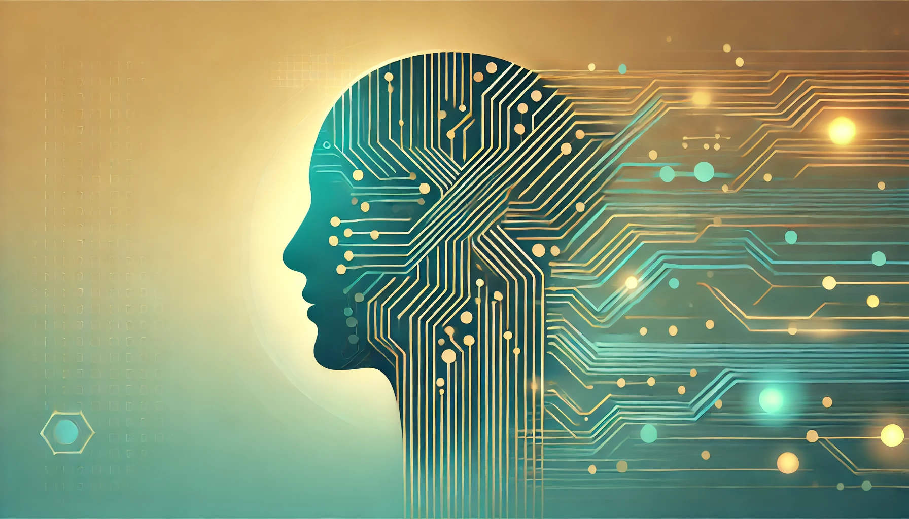 Abstract AI career banner with teal/gold circuits forming head silhouette