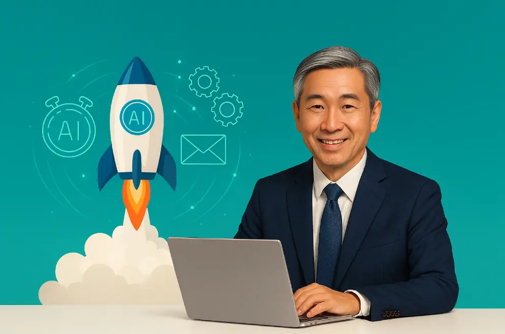 Seasoned professional planning a second-act AI strategy with teal and gold accents