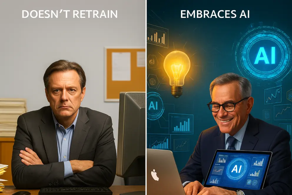Leaders collaborating with an AI assistant over a dashboard, teal/gold palette