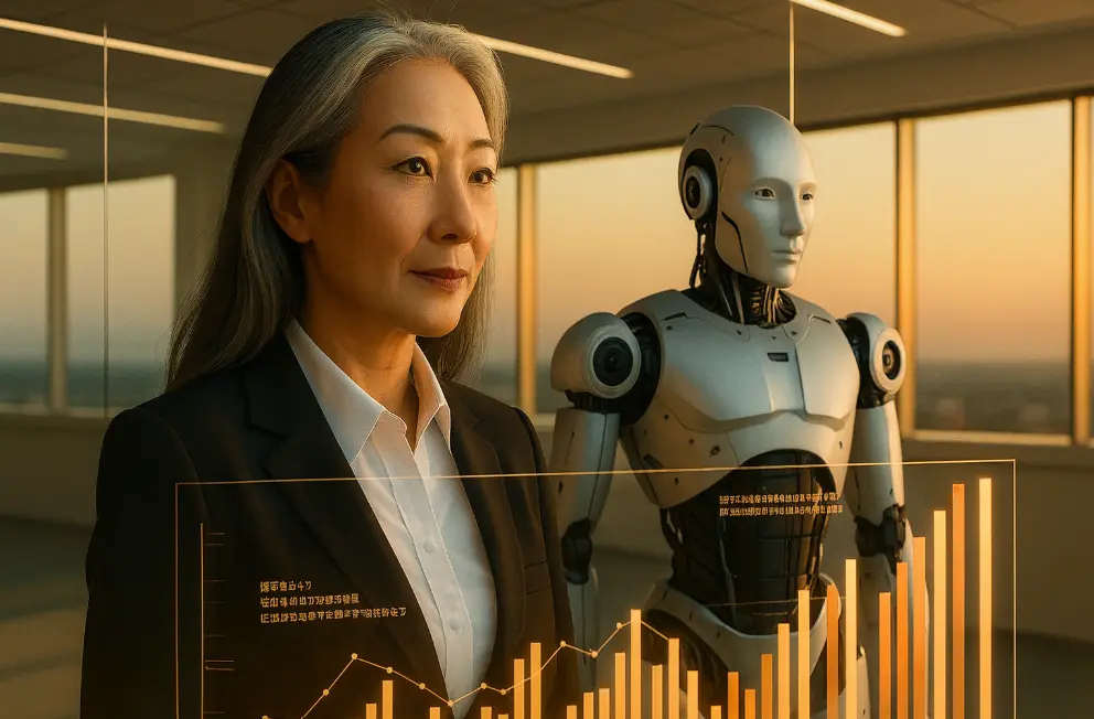 Experienced professional standing tall with blueprint opposite AI automation