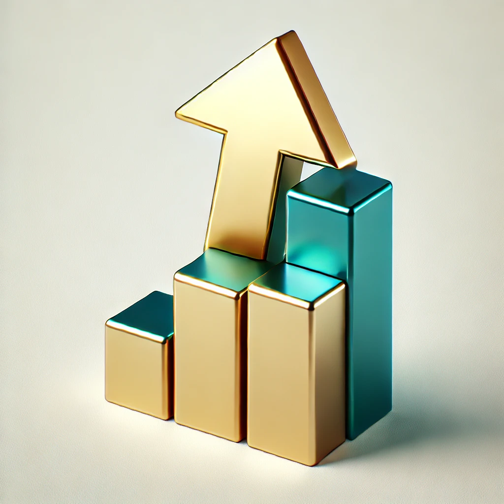 Gold arrow over teal bar graph icon