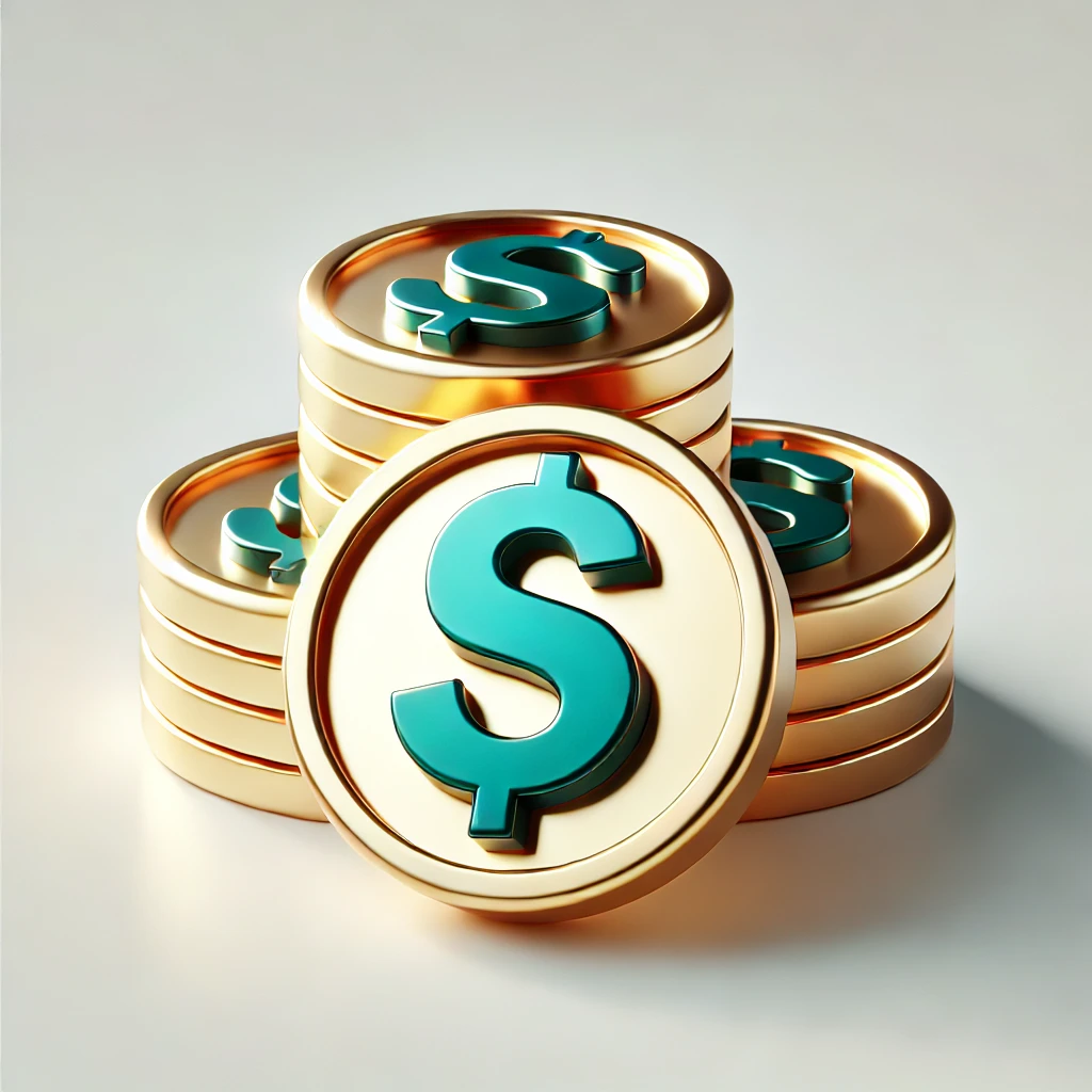 Stacked gold coins with teal dollar symbol icon