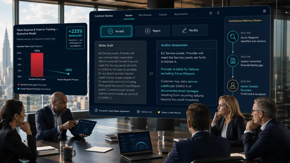 Acuity Waypoint review dashboard: Writer and Auditor analysis side by side with per-item Accept, Reject, Modify controls