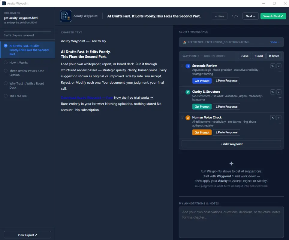 The Acuity Waypoint Windows desktop app: chapter list on the left, document text in the center, and the Waypoints panel on the right running Strategic Review, Clarity and Structure, and Human Voice Check