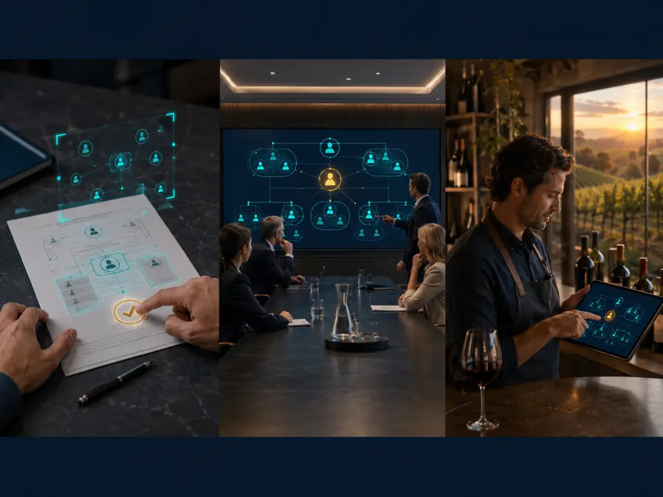 One discipline at three scales: a document, an enterprise workforce, and a local business, each with explicit human judgment over AI execution