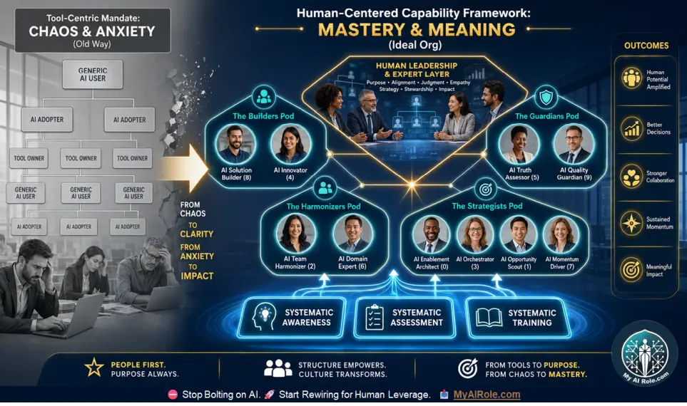 Infographic illustrating the shift from a bolted-on, tool-centric AI organization to the MyAIRole Human-Centered Capability Framework. Shows autonomous pods powered by systematic awareness, assessment, and training.