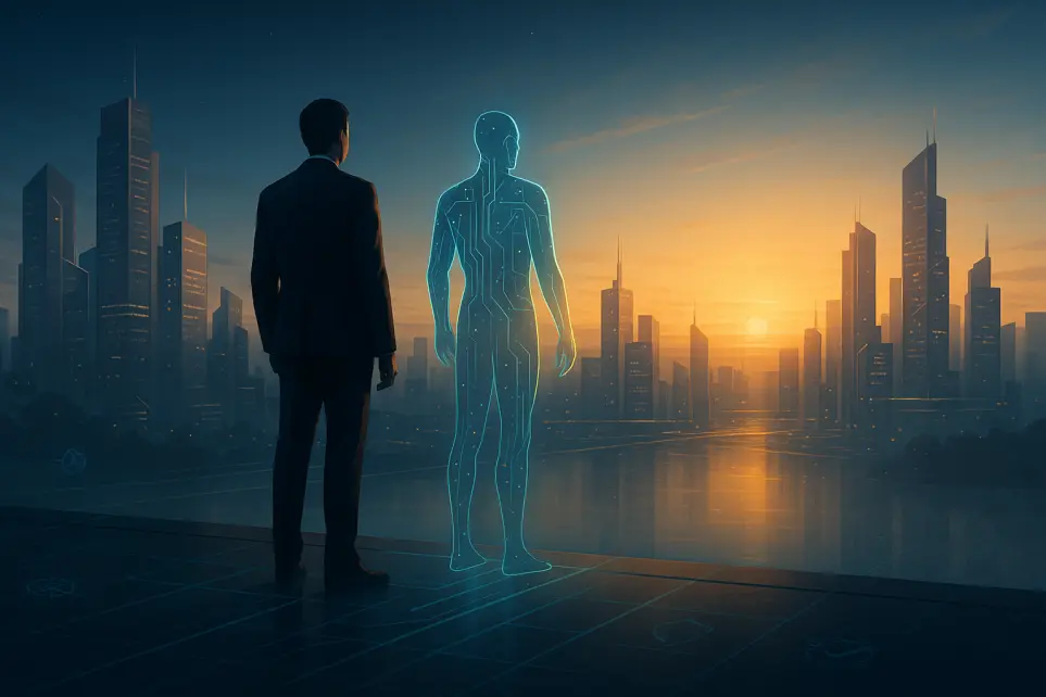 Human and AI silhouette overlooking a modern skyline symbolizing Human–AI collaboration