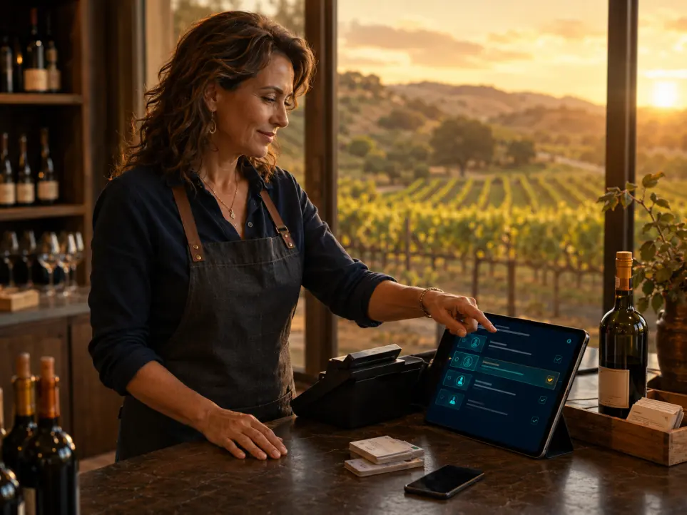 Temecula wine country business owner reviewing AI-assisted operations with clear human oversight