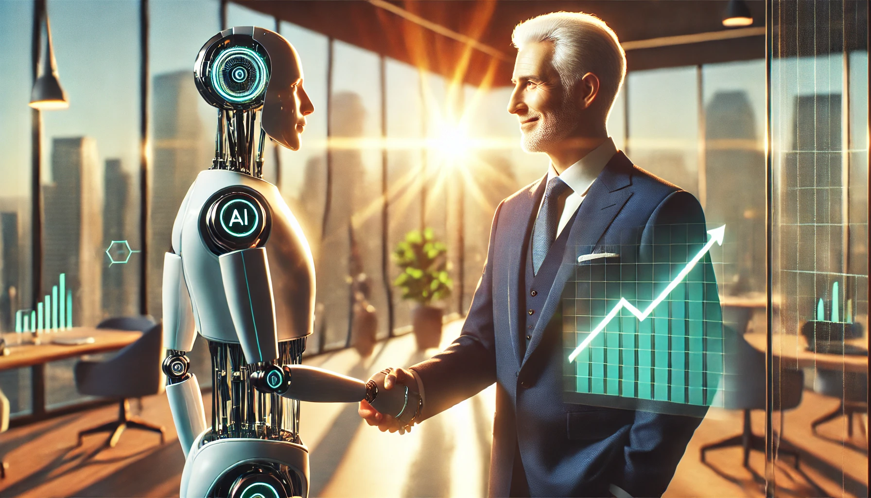Professional and AI robot shaking hands in modern office