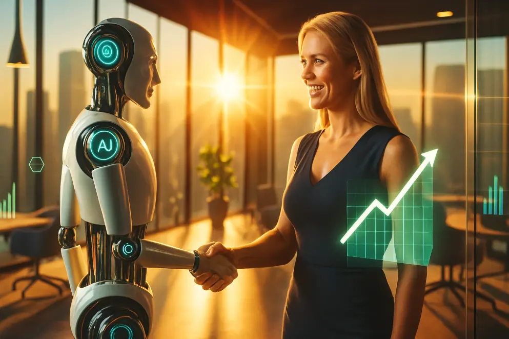 Professional and AI robot shaking hands in modern office