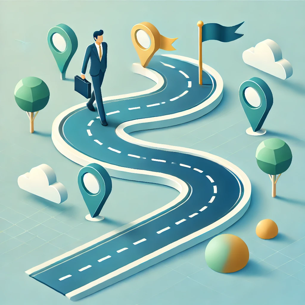 Roadmap with teal milestones and gold flags