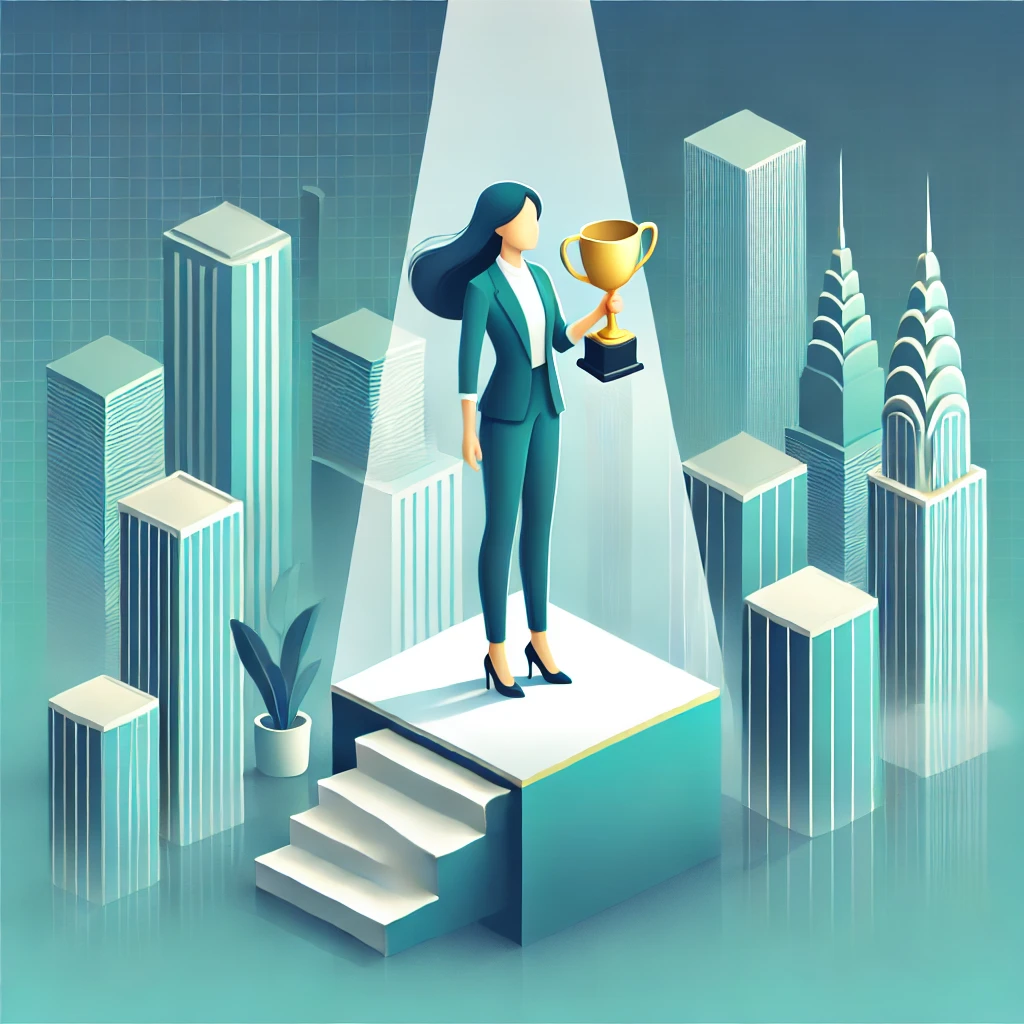 Podium, teal spotlight, gold trophy, futuristic skyline